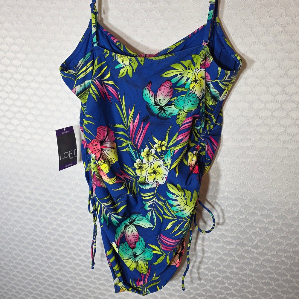 Loft Swim Blue Tropical Floral Ruched One Piece Swimsuit XXL NWT - Picture 5 of 8